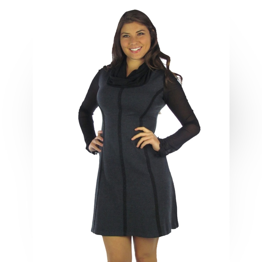 Laura Hlavac Lace Lines Dress Tunic Mesh Sleeve Cowl Neck Fit & Flare Teal Green